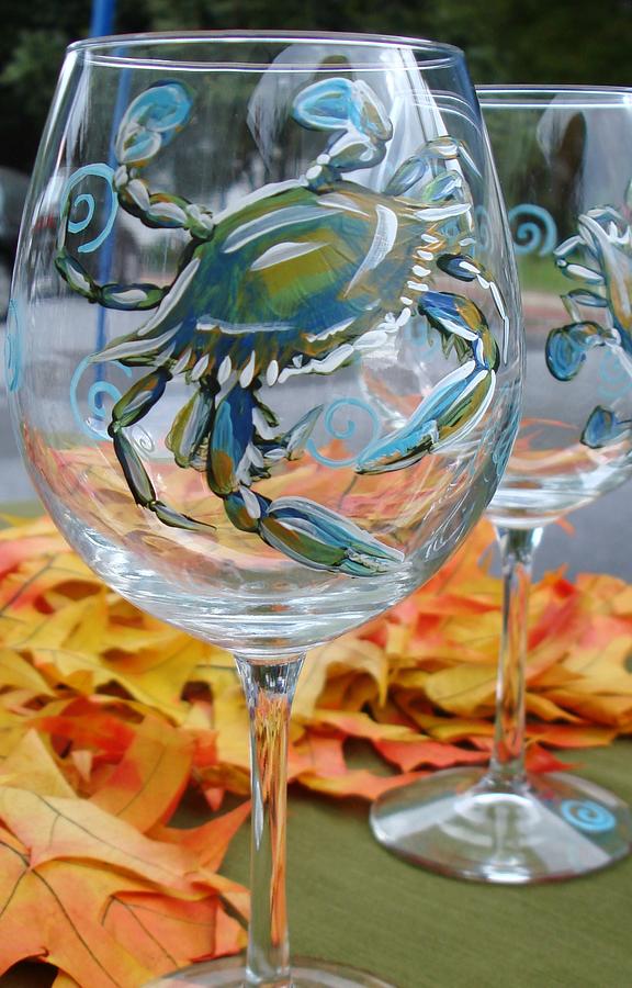 Blue Crab Wine Glass Painting by Sarah Grangier