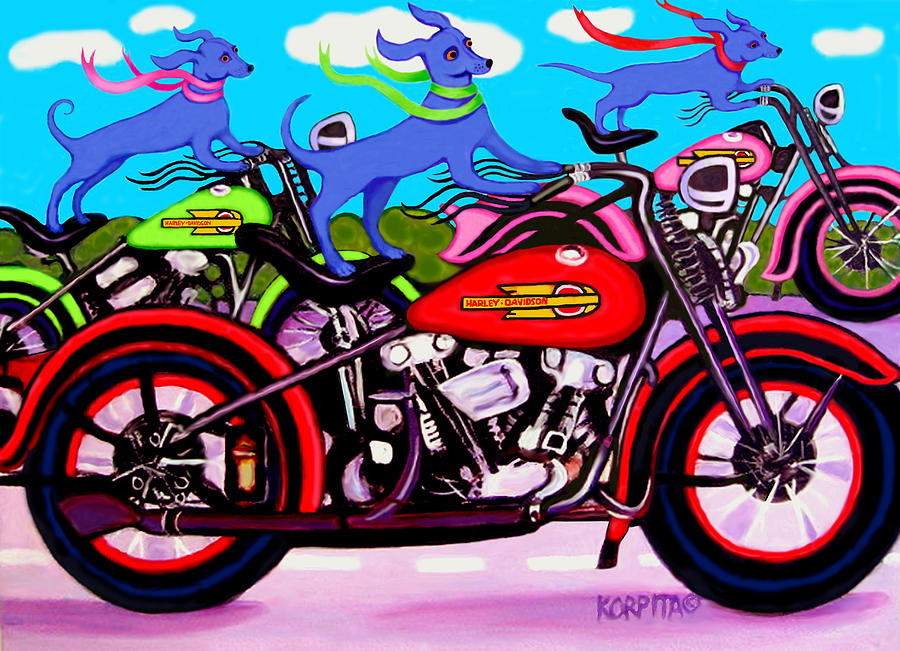 Blue Dogs on Motorcycles - Dawgs on Hawgs Painting by Rebecca Korpita
