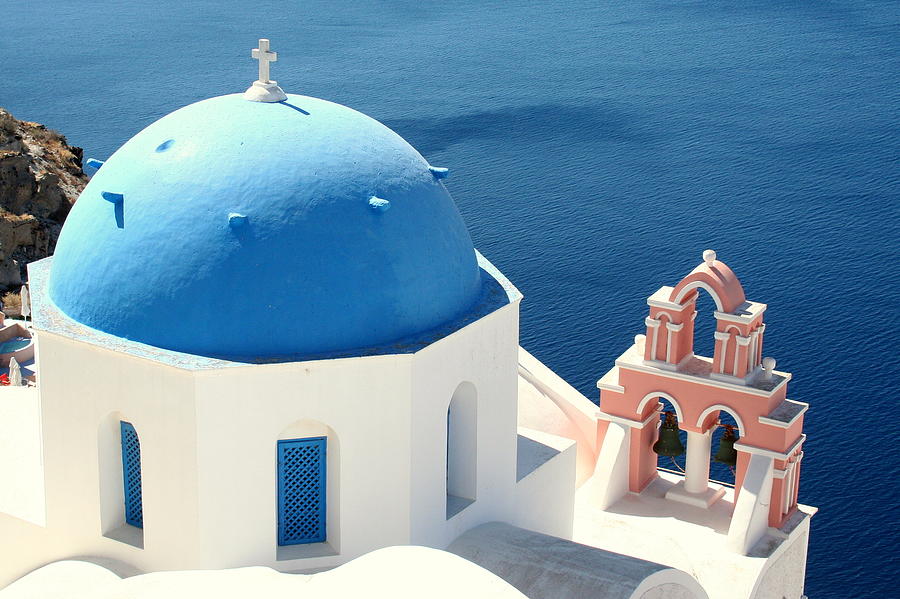 Blue-domed Church in Santorini Photograph by Laurel Talabere - Fine Art ...