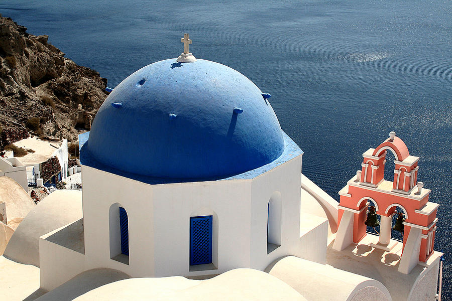 Santorini, Greece - Blue-domed Church Photograph by Richard Krebs