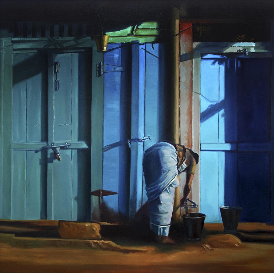 Landscape Painting - Blue Door by Sangeeta Takalkar Landscape Painting - Blue Door by Sangeeta Takalkar
