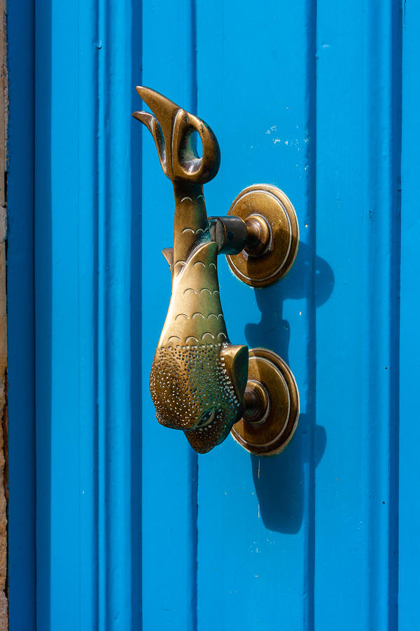 Blue door with Dolphin door knocker, Gozo Malta Photograph by Flottmynd