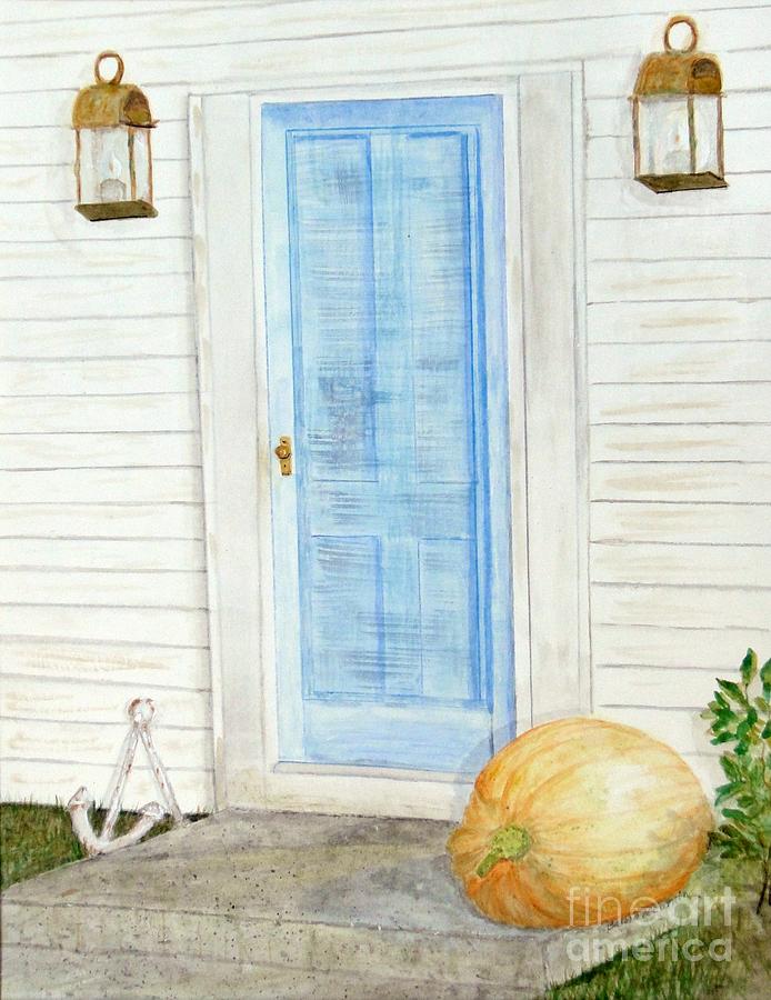 Pumpkin Mixed Media - Blue Door with Pumpkin by Barbie Corbett-Newmin