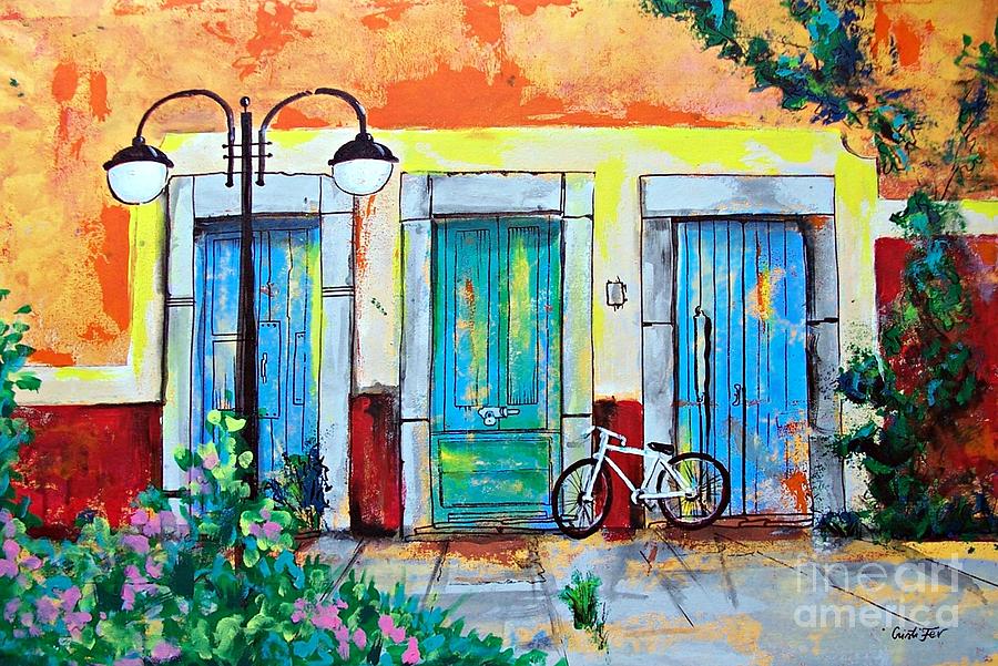 Blue Doors With Bicycle In Mexico Painting