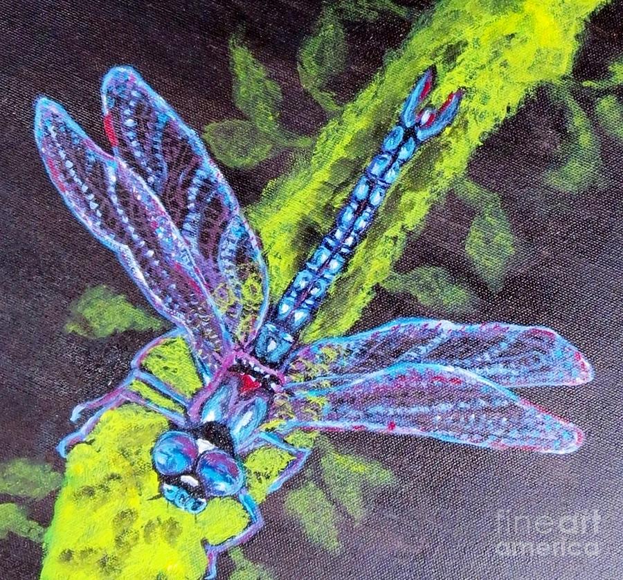 Blue Dragonfly on Downward Wings of Flight Painting by Kimberlee Baxter
