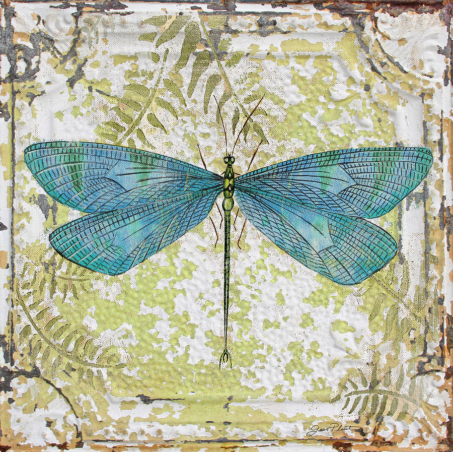 Blue Dragonfly on Vintage Tin Painting by Jean Plout
