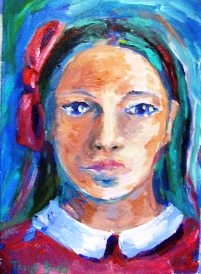 Blue eyed girl wearing a red bow  Painting by Trudi Doyle