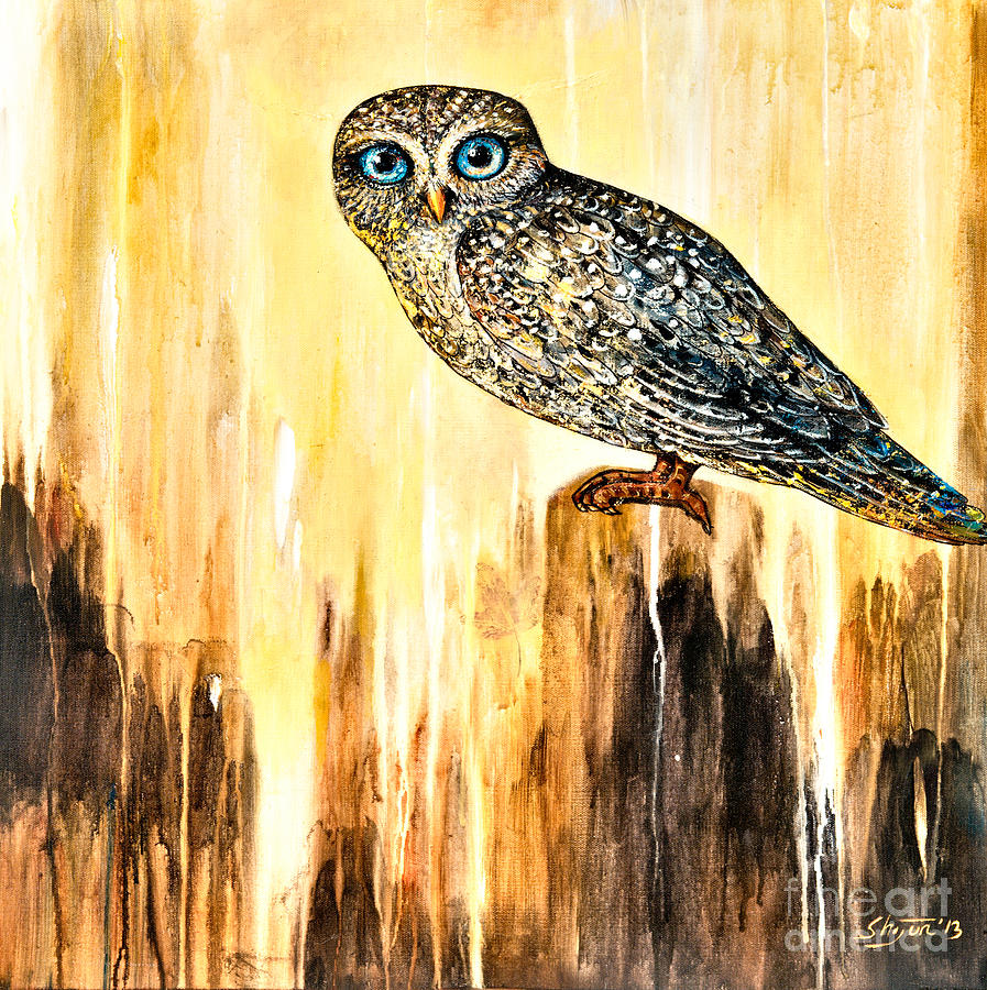 Blue Eyed Owl Painting by Shijun Munns