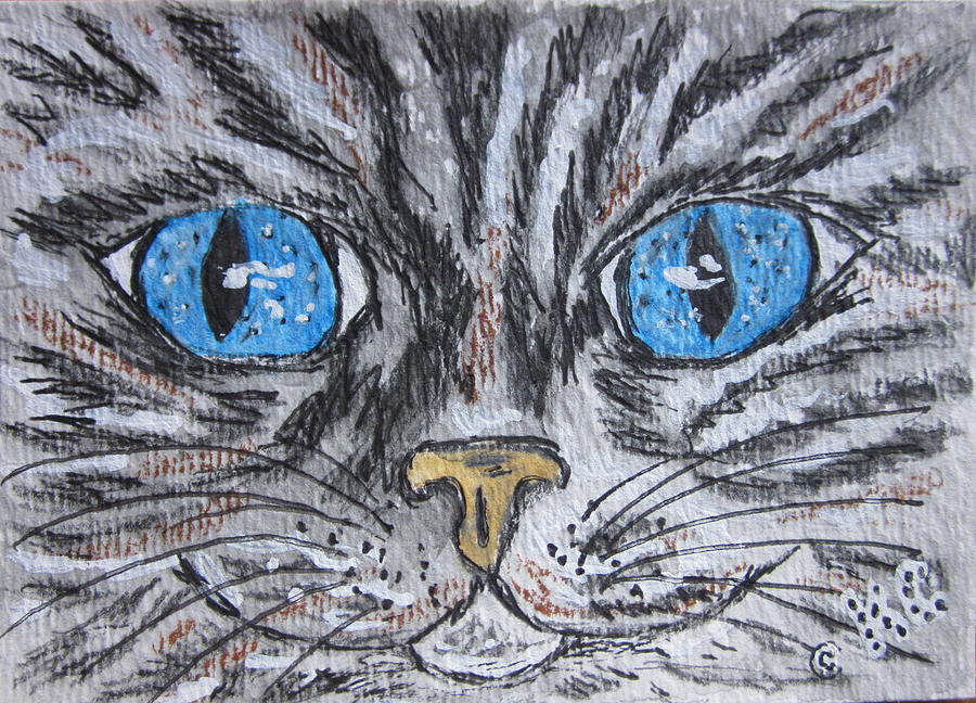 Blue Eyed Stripped Cat Painting by Kathy Marrs Chandler