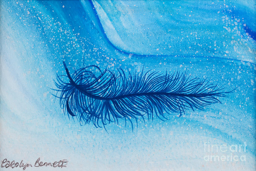 Blue feather with blue swirl by Carolyn Bennett Painting by Simon Bratt