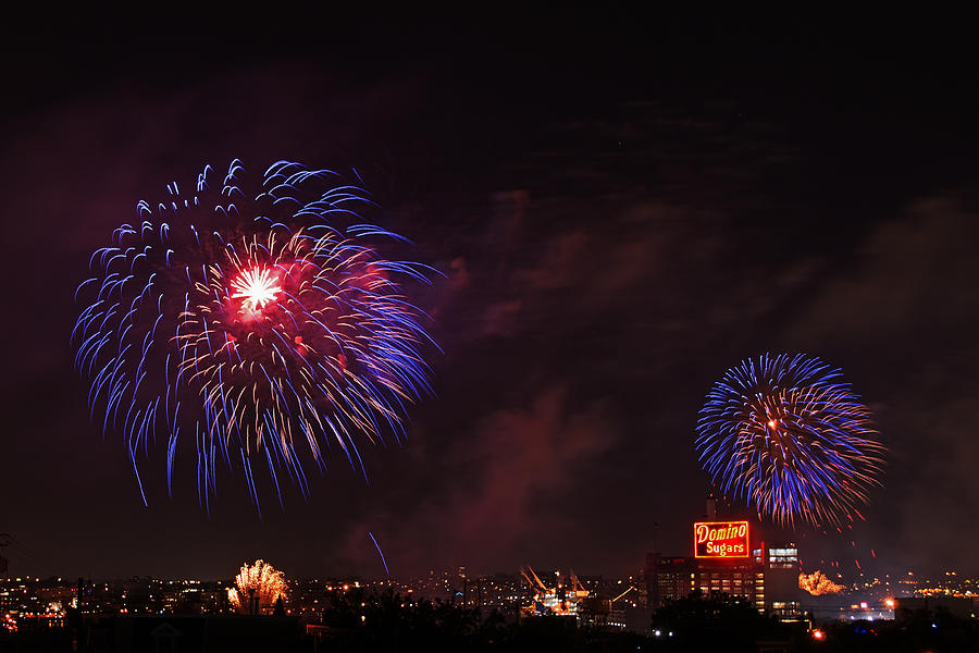 Blue Fireworks Over Domino Sugar Photograph