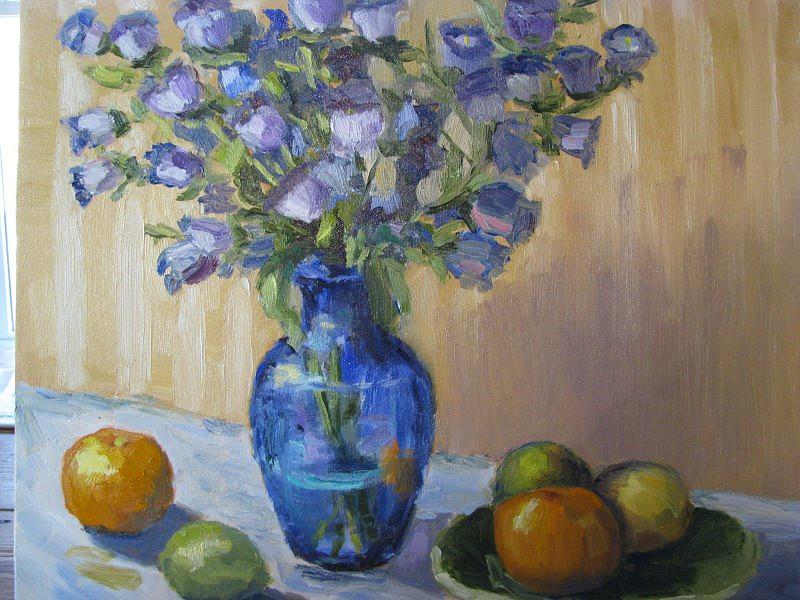 Still Life Painting - Blue Flowers and Fruit by Sharon Franke