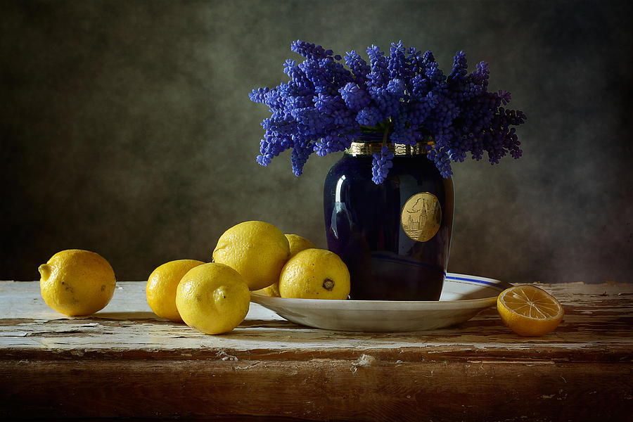 Still Life Photograph - Blue Flowers and Lemons by Nikolay Panov
