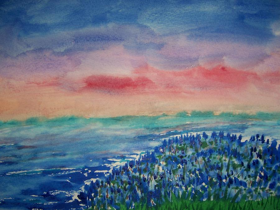 Blue Flowers At Sunset Painting by B Kathleen Fannin