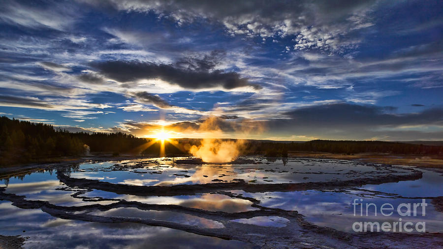 Yellowstone National Park Photograph - Blue Geyser Sunset by Don Hall
