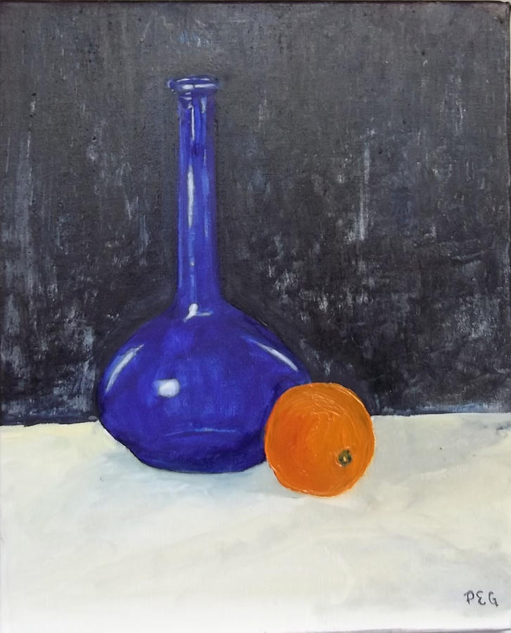 Still Life Painting - Blue glass and Orange by Peter Edward Green 