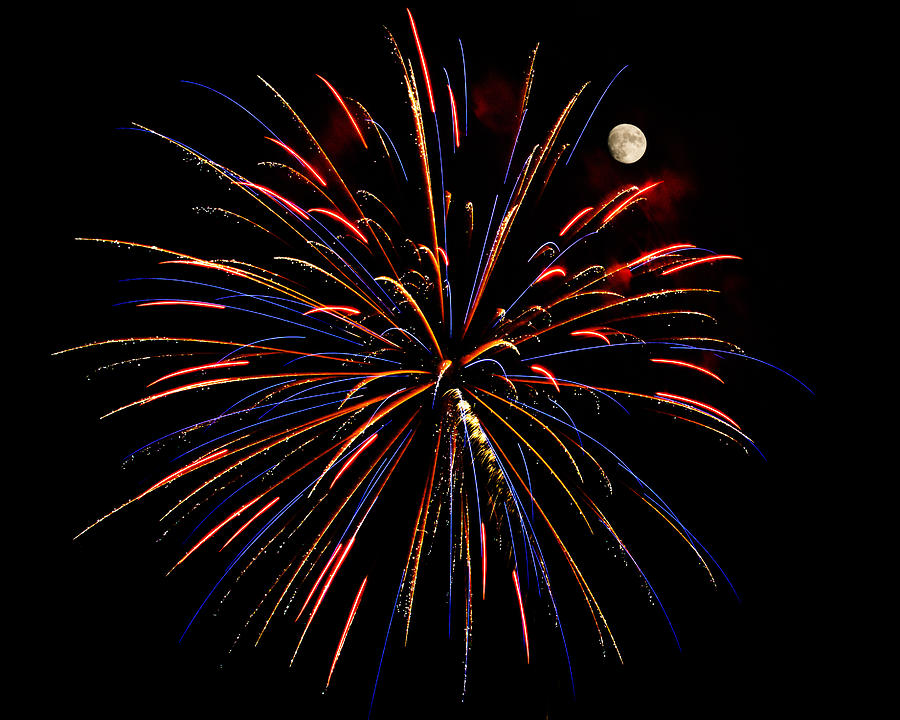 Blue Gold Pink and More - Fireworks and Moon Photograph by Penny Lisowski