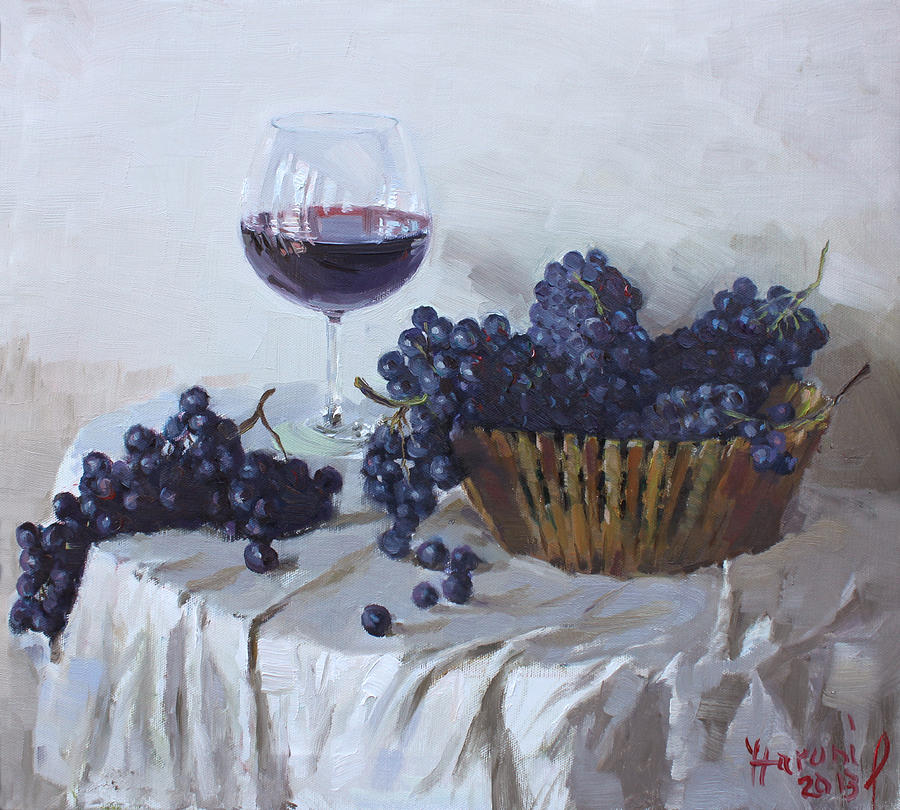 Wine Painting - Blue Grapes and Wine by Ylli Haruni