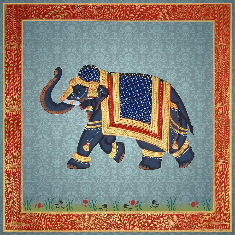 Blue grey damaks Elephant print Digital Art by ReadyForYoga Online-Shop ...