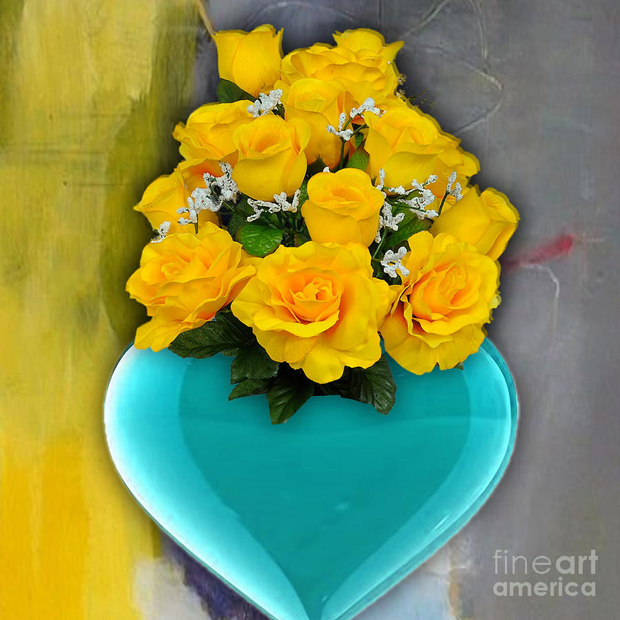 Rose Mixed Media - Blue Heart Vase with Yellow Roses by Marvin Blaine