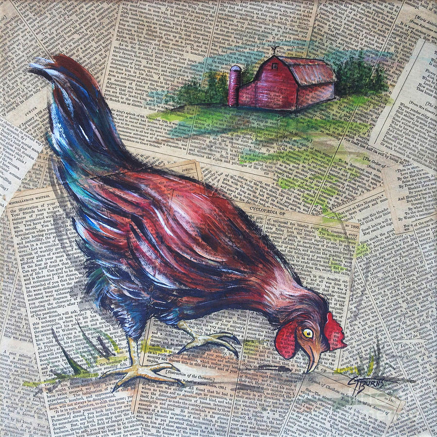 Chicken Painting - Blue Hen on vintage papers by GG Burns