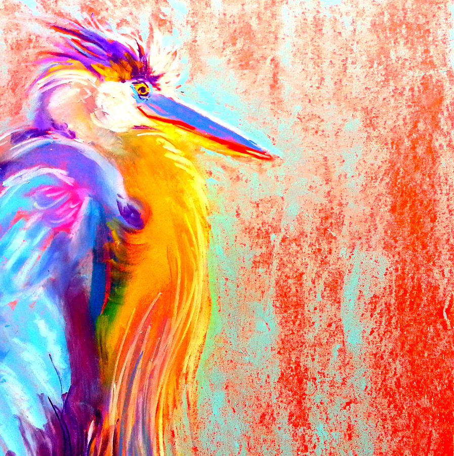 Funky Blue Heron Bird Painting by Sue Jacobi