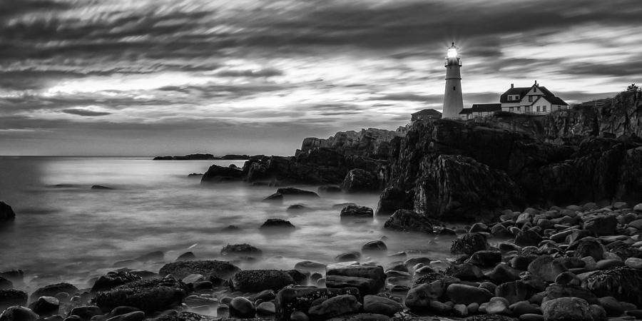 Blue Hour In Black And White Portland Head Light Photograph by Jeff Sinon