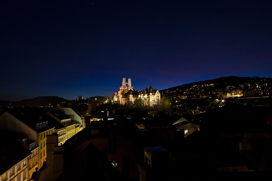 Blue hour of the Chateau and Collegiale of Neuchatel Switzerland Photograph by Charles Lupica
