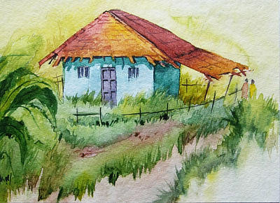 Landscape Painting - Blue House by Deepali Sagade Landscape Painting - Blue House by Deepali Sagade