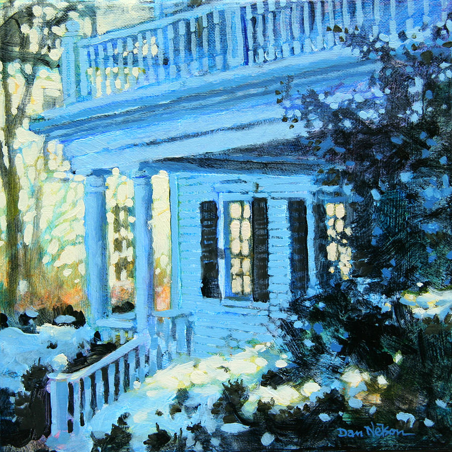 Blue House in Snow Painting by Dan Nelson