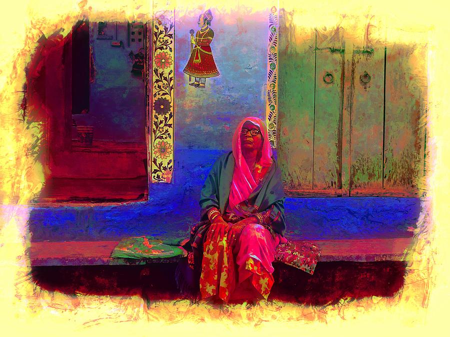 Summer Photograph - Blue House Pink Lady Jodhpur Rajasthan India by Sue Jacobi
