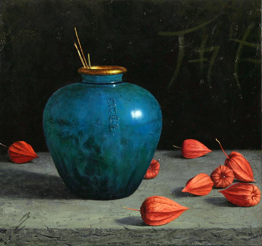 Asian Painting - Blue Jar with Chinese Lanterns  by Bruno Capolongo