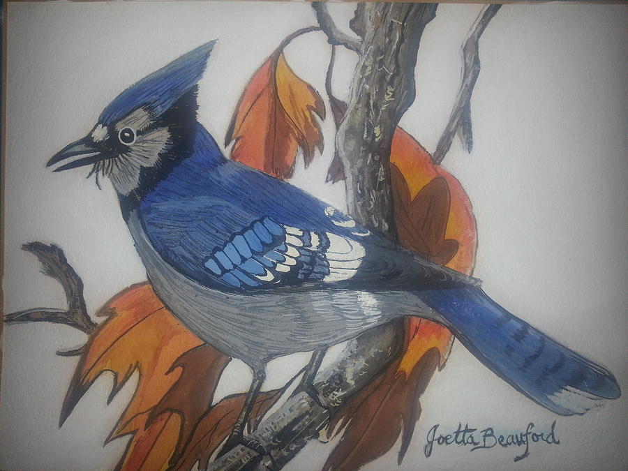 Blue Jay at Fall Painting by Joetta Beauford