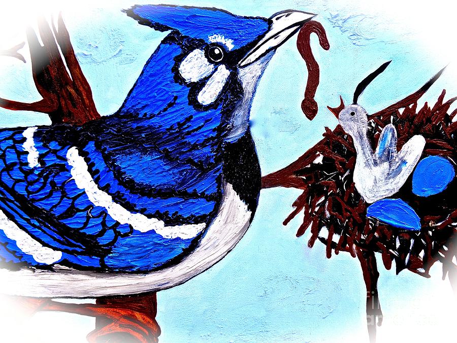 Blue Jay Baby Bird Feeding Time Painting by Saundra Myles