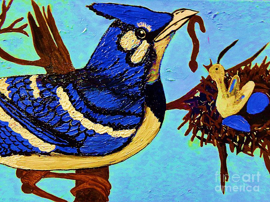 Blue Jay Baby Feeding Time Painting by Saundra Myles