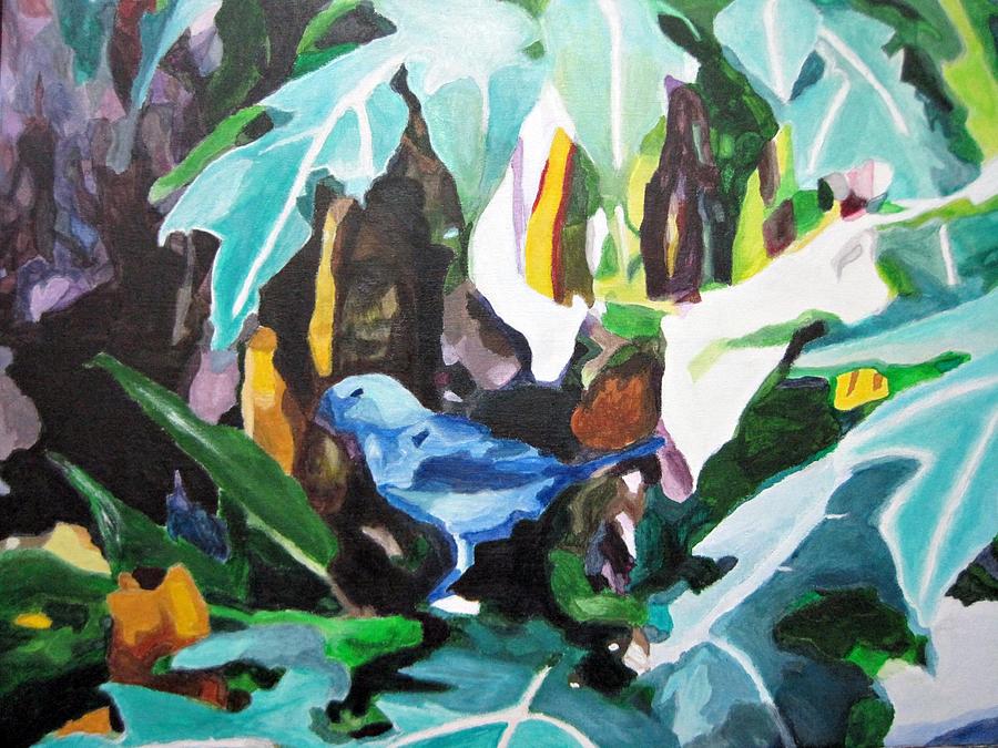 Blue Jay Painting - Blue Jay Feeding on a Banana by Waheeda Ramnath