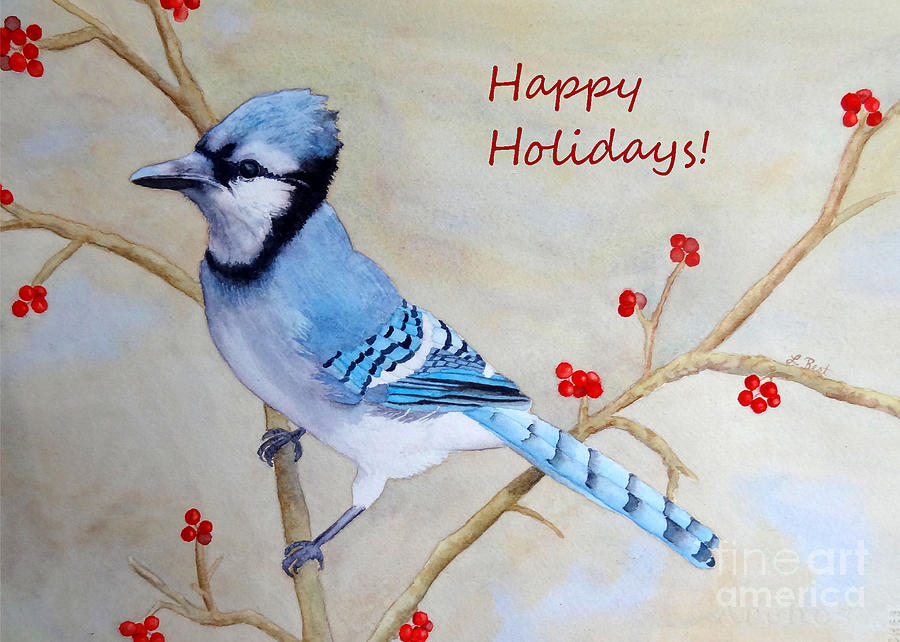 Blue Jay Happy Holidays Painting by Laurel Best