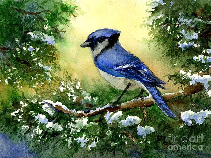 Blue Jay  on Cedar Painting by Virginia Potter