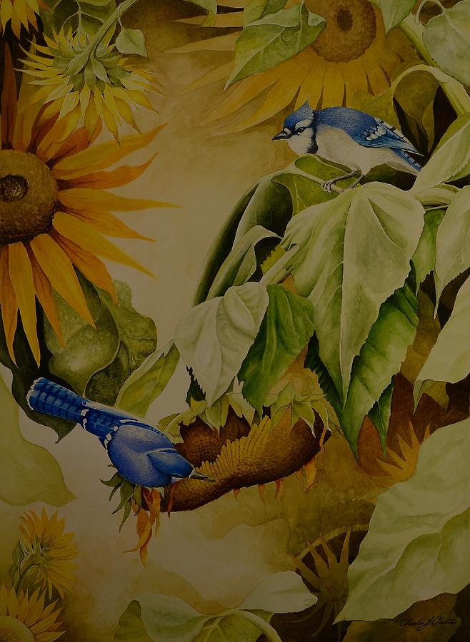 Blue Jays on Sunflower Painting by Charles Owens