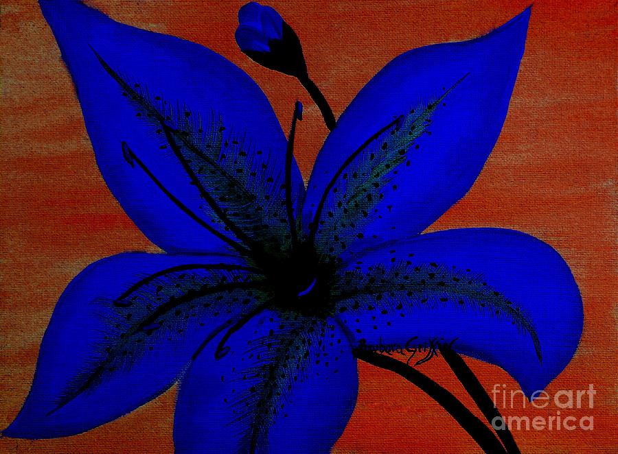 Blue Lily on Orange Background Painting by Barbara A Griffin
