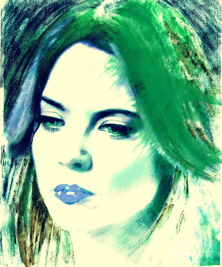 Portrait Mixed Media - Blue lips on Green by Kim Prowse
