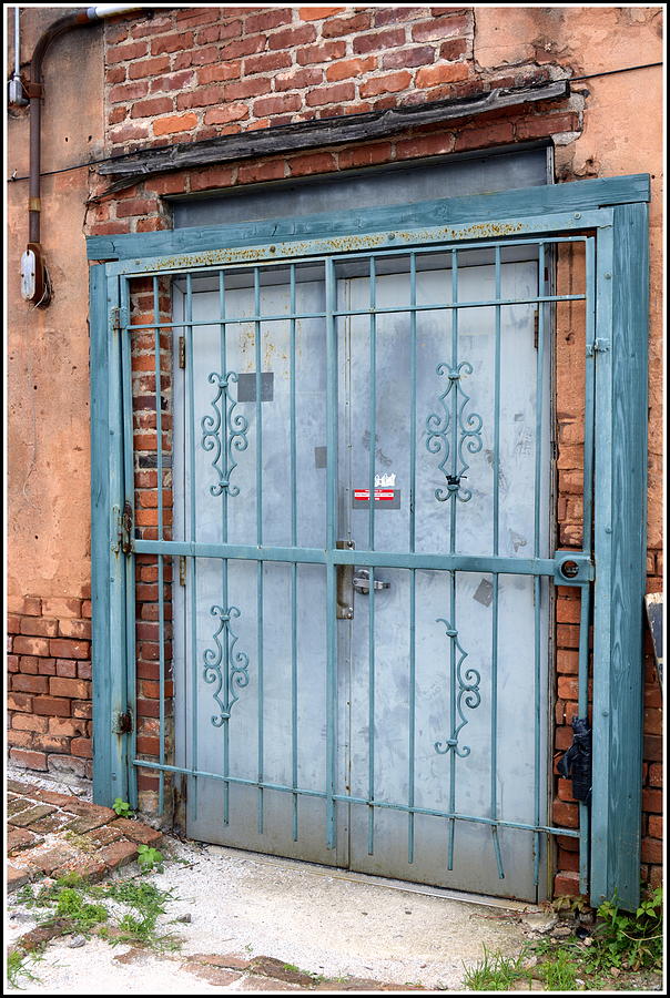 Vintage Photograph - Zaglinss Army Store Blue Locked Gate by Kathy Barney