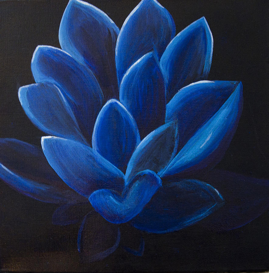 Blue Lotus Flower On Black Canvas Painting by Megan Sax