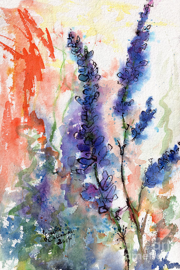 Blue Lupines Watercolor and Ink Painting by Ginette Callaway