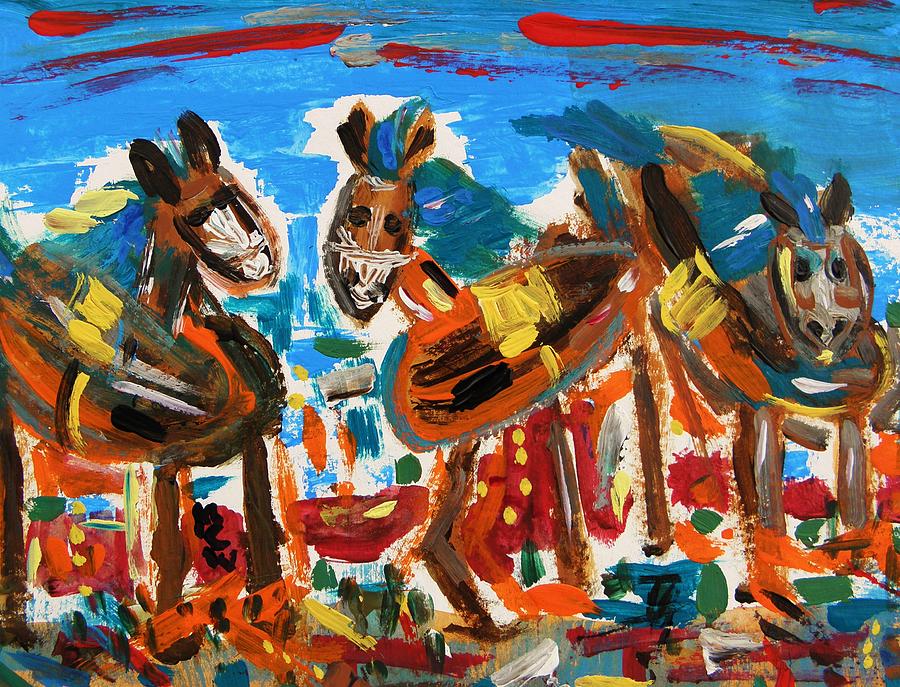 Horse Painting - Blue Manes and Yellow Saddles by Mary Carol Williams