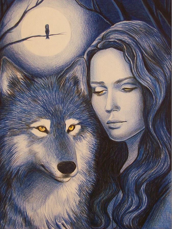 Wolves Drawing - Blue Moon by Amber Stanford