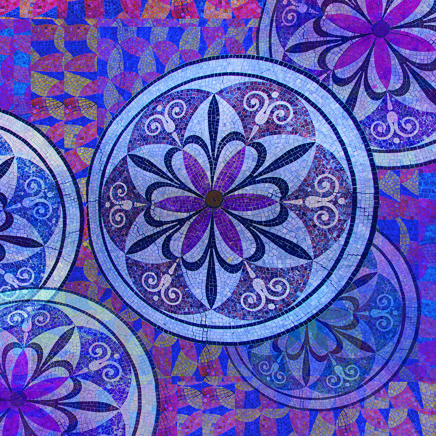 Blue Mosaic Circles and Flowers Painting by Tony Rubino