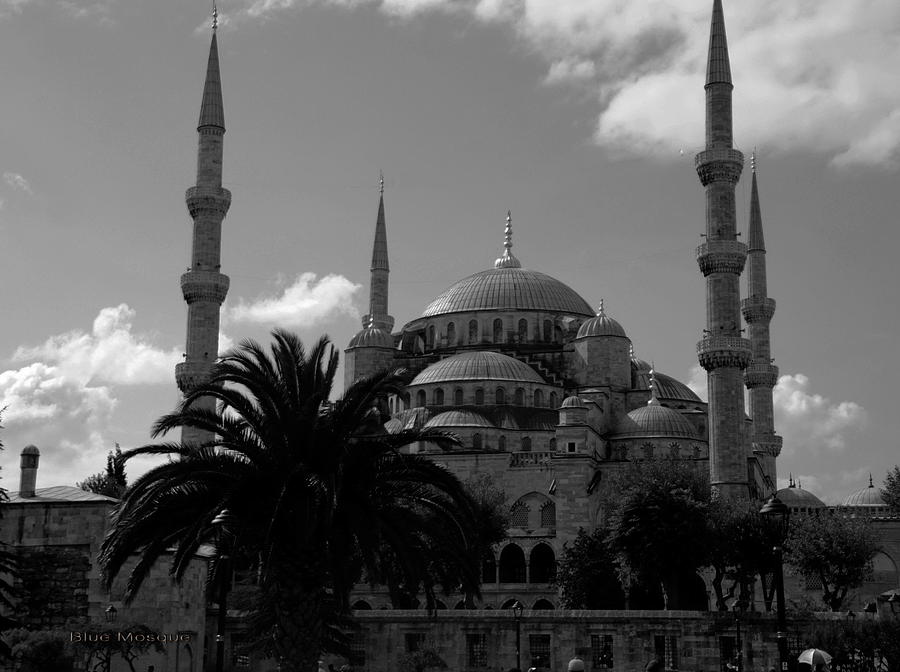 Blue Mosque from Sultanahmed Square - black and white Photograph by Jacqueline M Lewis