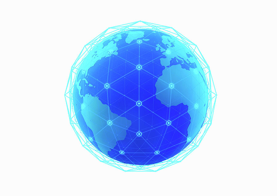 Blue Network Grid Covering Globe Photograph by Ikon Ikon Images
