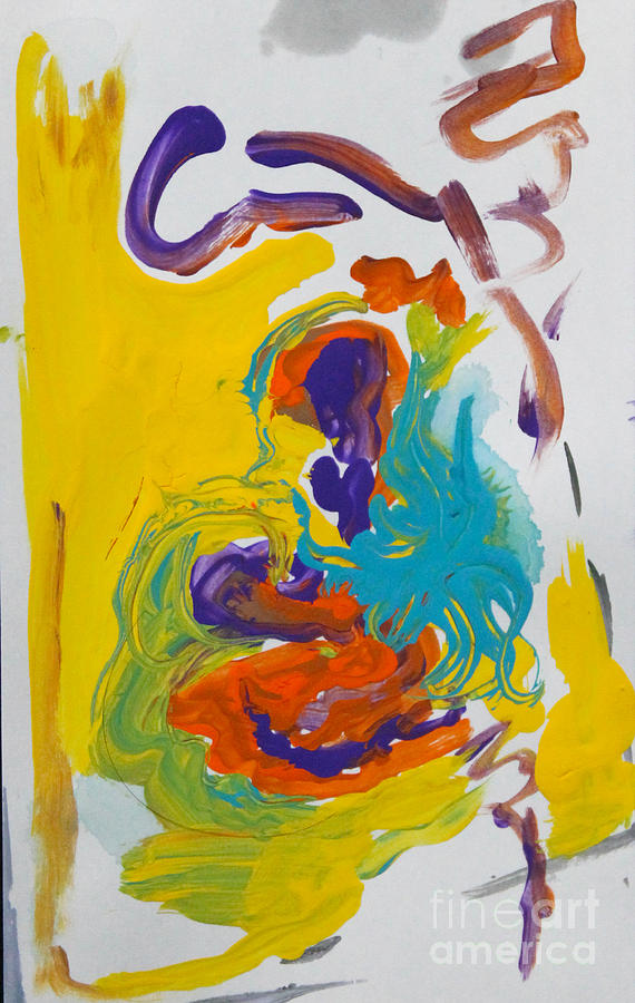 Blue Octopus and Yellow abstract Painting by Anne Cameron Cutri